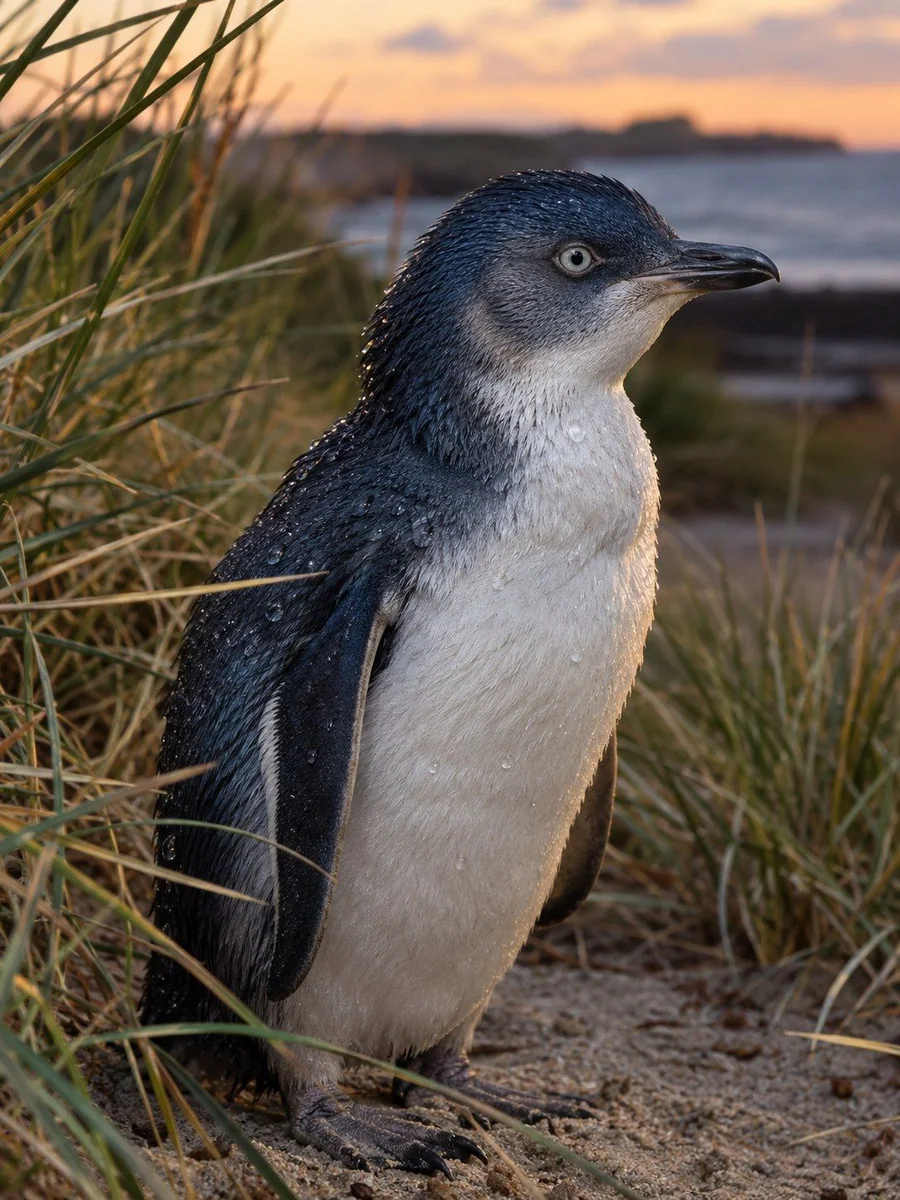 A little penguin standing among tussock grass at dusk
