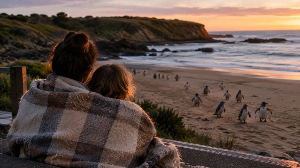 A parent and a child sitting under a blanket on a viewing step, seen from behind