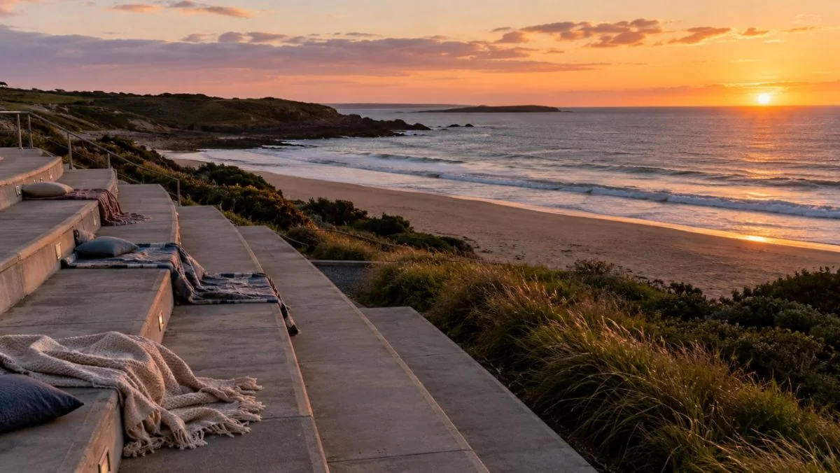 Tiered viewing steps facing a sandy beach and the sea at dusk