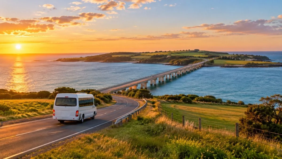 A white minibus on a coastal road approaching the bridge to Phillip Island